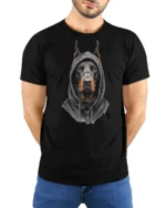 Doberman In Hoodie Graphic T Shirt Street Style Tee - model wearing black tee with hands behind back