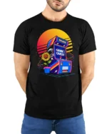 Retro Arcade Game Over Graphic T Shirt Neon Gamer Tee - model wearing black tee with hands behind back