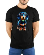 Colorful Dachshund Pop Art Graphic T Shirt - model wearing black tee with hands behind back