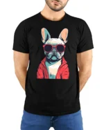 Cool French Bulldog With Sunglasses Graphic T Shirt - model wearing black tee with hands behind back