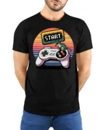 Retro Start Button Gamer Controller T Shirt - model wearing black tee with hands behind back