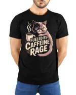 Fueled By Caffeine Rage Grumpy Cat T Shirt - model wearing black tee with hands behind back