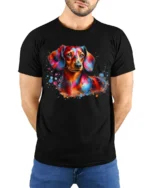 Colorful Dachshund Paint Splash Art T Shirt - model wearing black tee with hands behind back