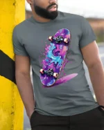 Color Splash Skateboard Graphic T Shirt Street Art Tee - model wearing grey tee, leaning on column