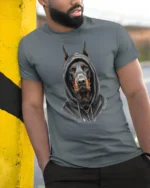 Doberman In Hoodie Graphic T Shirt Street Style Tee - model wearing grey tee, leaning on column
