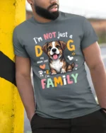 Im Not Just A Dog Im Family Cute Puppy T Shirt - model wearing grey tee, leaning on column