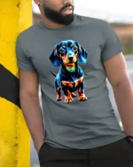 Colorful Dachshund Pop Art Graphic T Shirt - model wearing grey tee, leaning on column