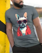 Cool French Bulldog With Sunglasses Graphic T Shirt - model wearing grey tee, leaning on column