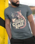Fueled By Caffeine Rage Grumpy Cat T Shirt - model wearing grey tee, leaning on column