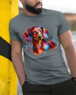 Colorful Dachshund Paint Splash Art T Shirt - model wearing grey tee, leaning on column
