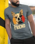 Chihuahua Best Friend Vintage Dog Lover T Shirt - model wearing grey tee, leaning on column