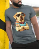 Cool Labrador I Love Mom Graphic T Shirt - model wearing grey tee, leaning on column