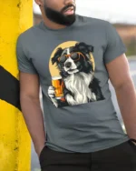 Cool Border Collie Beer Lover Graphic T Shirt - model wearing grey tee, leaning on column