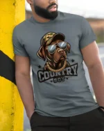 Country Boy Labrador Graphic T Shirt Cool Farm Dog Tee - model wearing grey tee, leaning on column