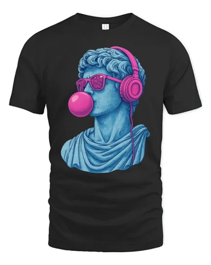 Cool David Statue With Headphones Bubblegum Pop Art T Shirt - black t-shirt on white background