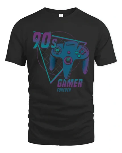 Retro 90s Gamer Forever Vintage Game Controller Graphic T Shirt - black t-shirt on white background
