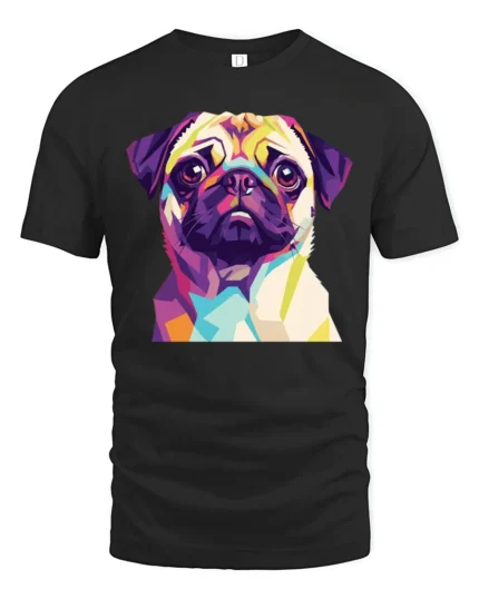 Colorful Pop Art Pug Dog Portrait Graphic T Shirt Stylish Pet Lover Tee - black t-shirt on white background