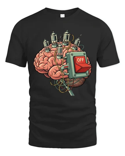 Funny Brain Power Off Switch Retro Science Humor Graphic T Shirt - black t-shirt on white background