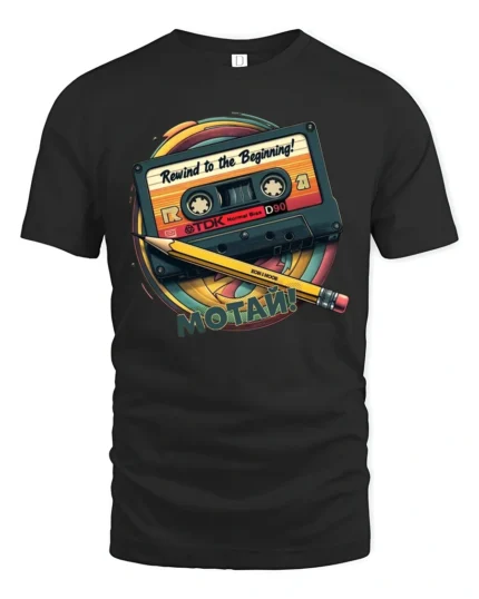 Retro Rewind To The Beginning Cassette Tape Graphic T Shirt - black t-shirt on white background