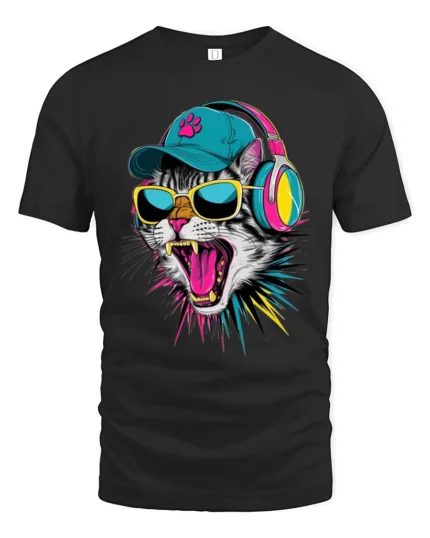 Cool DJ Cat With Headphones And Sunglasses Graphic T Shirt - black t-shirt on white background