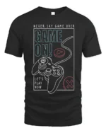 Game On Never Say Game Over Gamer Controller Graphic T Shirt - black t-shirt on white background