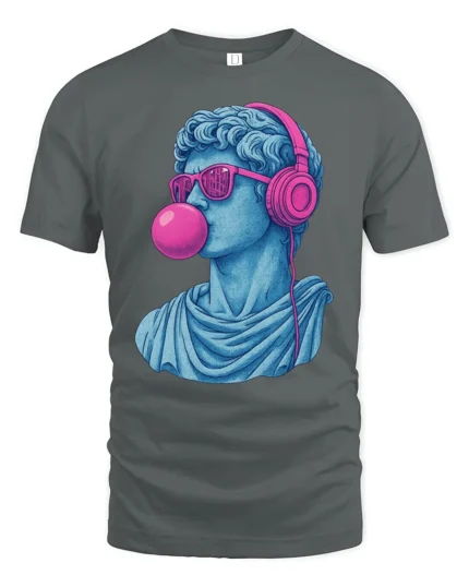Cool David Statue With Headphones Bubblegum Pop Art T Shirt - gray t-shirt on white background