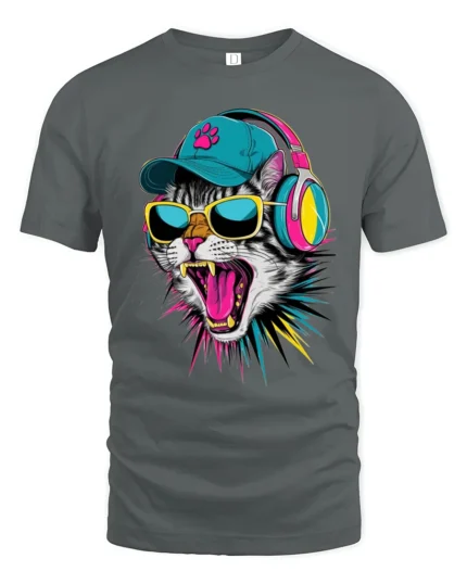 Cool DJ Cat With Headphones And Sunglasses Graphic T Shirt - gray t-shirt on white background