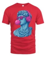 Cool David Statue With Headphones Bubblegum Pop Art T Shirt - red t-shirt on white background