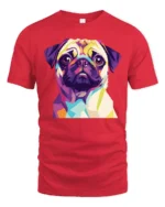 Colorful Pop Art Pug Dog Portrait Graphic T Shirt Stylish Pet Lover Tee - red t-shirt on white background