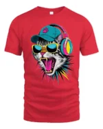 Cool DJ Cat With Headphones And Sunglasses Graphic T Shirt - red t-shirt on white background