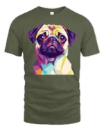 Colorful Pop Art Pug Dog Portrait Graphic T Shirt Stylish Pet Lover Tee - military green t-shirt on white background