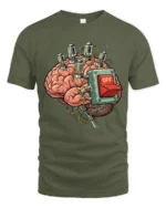 Funny Brain Power Off Switch Retro Science Humor Graphic T Shirt - military green t-shirt on white background