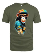 Cool Stylish Monkey With Sunglasses Street Art Graphic T Shirt - military green t-shirt on white background