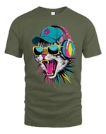 Cool DJ Cat With Headphones And Sunglasses Graphic T Shirt - military green t-shirt on white background