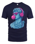 Cool David Statue With Headphones Bubblegum Pop Art T Shirt - navy t-shirt on white background
