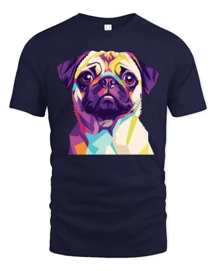 Colorful Pop Art Pug Dog Portrait Graphic T Shirt Stylish Pet Lover Tee - navy t-shirt on white background