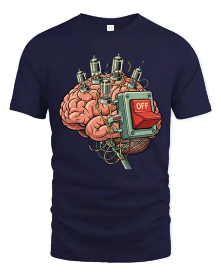Funny Brain Power Off Switch Retro Science Humor Graphic T Shirt - navy t-shirt on white background