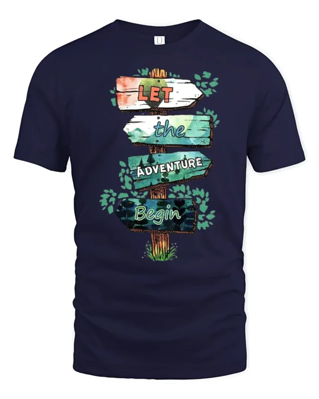 Let The Adventure Begin Inspirational Outdoor Travel Graphic T Shirt - navy t-shirt on white background