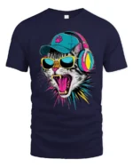 Cool DJ Cat With Headphones And Sunglasses Graphic T Shirt - navy t-shirt on white background