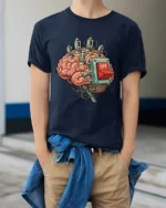 Funny Brain Power Off Switch Retro Science Humor Graphic T Shirt - model wearing navy tee with hands in pockets