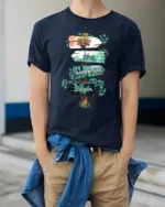 Let The Adventure Begin Inspirational Outdoor Travel Graphic T Shirt - model wearing navy tee with hands in pockets