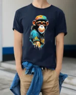 Cool Stylish Monkey With Sunglasses Street Art Graphic T Shirt - model wearing navy tee with hands in pockets