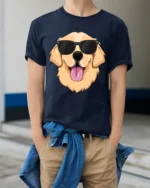 Cool Golden Retriever Dog With Sunglasses Funny Graphic T Shirt - model wearing navy tee with hands in pockets