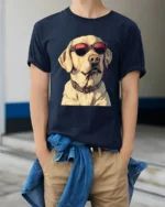 Cool Labrador Dog With Sunglasses Funny Dog Lover Graphic T Shirt - model wearing navy tee with hands in pockets