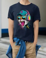 Cool DJ Cat With Headphones And Sunglasses Graphic T Shirt - model wearing navy tee with hands in pockets