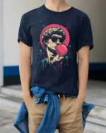 Cool Bubblegum David Statue Pop Art Graphic T Shirt - model wearing navy tee with hands in pockets