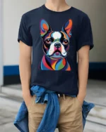 Colorful Pop Art French Bulldog Portrait Graphic T Shirt - model wearing navy tee with hands in pockets