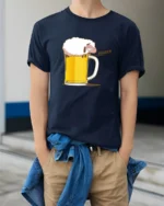 Funny Beer Sheep Baa Beer Lover Humor Graphic T Shirt - model wearing navy tee with hands in pockets