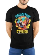 Pawsitive Stylish Cool Dog With Sunglasses Graphic T Shirt - model wearing black tee with hands behind back