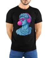 Cool David Statue With Headphones Bubblegum Pop Art T Shirt - model wearing black tee with hands behind back
